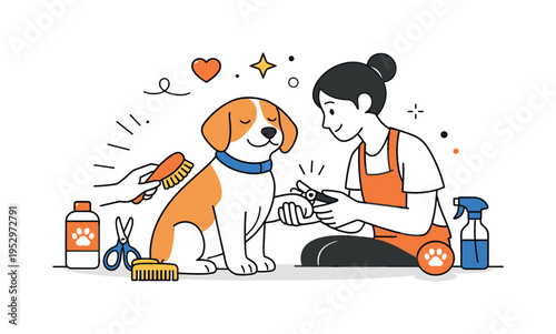 Vibrant dog care. A dog calmly receiving care or grooming, attentive interaction and positive feeling of trust. Colorful details highlight tools and focus