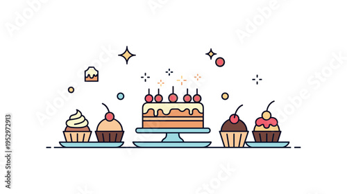 Sweet treats table setup featuring cupcakes arranged around a central cake with tiny sparkle accents, symbolizing indulgence, joy, and festive flavor. A bright