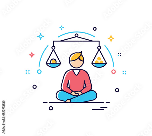 Calm confidence concept illustrated by a seated figure with steady posture and subtle aura circle around, expressing composure and emotional stability. A