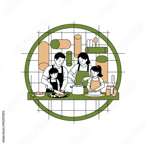 monochrome family cooking together in kitchen scene, bold olive green circular frame anchoring composition, abstract flat cylinders and rectangular forms