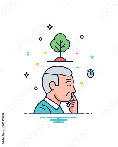Wise elder reflection concept centered on a thoughtful senior profile beneath a small tree icon, expressing patience, growth, and deep understanding of life