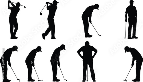 Golf player silhouettes set featuring various swinging and putting poses with golf clubs cad drawing flat vector illustration flavector isolated design.