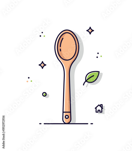 Natural kitchen tool single wooden spoon with soft shadow and tiny leaf icon nearby, highlighting eco friendly materials and sustainable homeware choices.