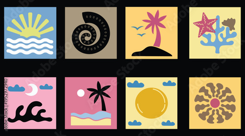 Set of eight stylized tropical and nautical themed icons depicting sunshine ocean waves and island life