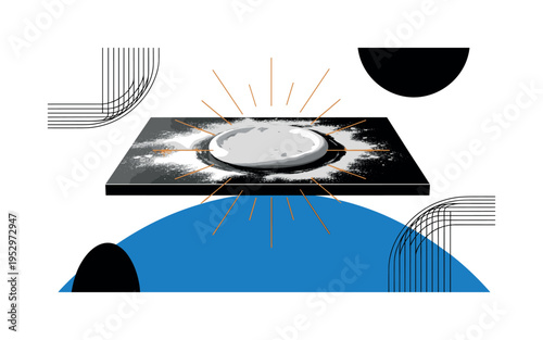 Black and white image of flour-dusted table with pizza dough circle centered, oversized blue semicircle grounding composition like playful spotlight, thin