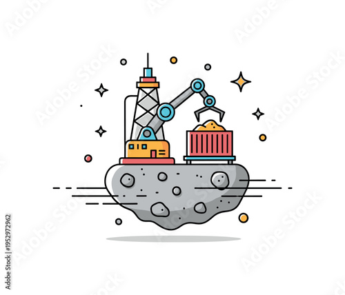 Mining rig on a small asteroid with robotic arm and cargo container symbolizing extraterrestrial industry and resource collection. Balanced composition and