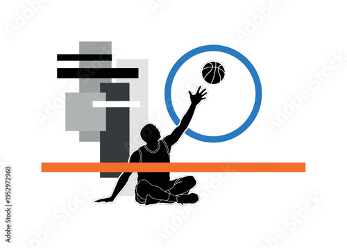 Black and white seated basketball player reaching upward, bright blue circular frame highlighting the ball, orange horizontal bar suggesting court line,