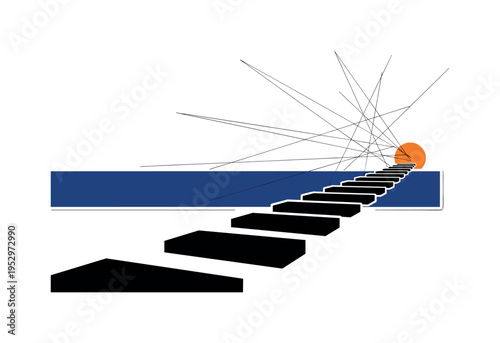 Black and white roadmap path made of rectangular stepping blocks leading toward a bright orange circle at the horizon, deep blue horizontal bar grounding the