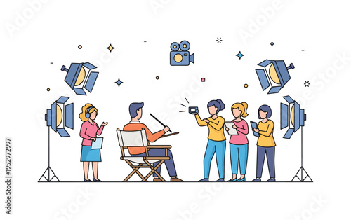 Film crew collaboration scene centered on a director seated in a canvas chair while actors perform under simplified studio lights, highlighting coordination