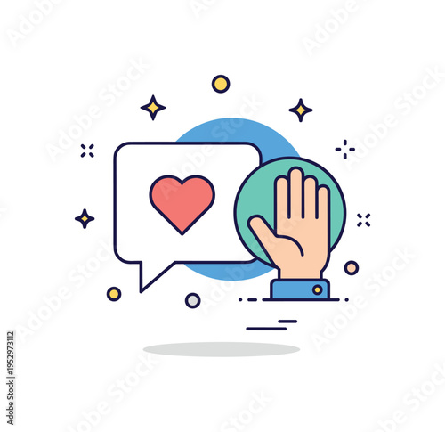 Emotional support resources centered on a speech bubble with a small heart and a helping hand icon, symbolizing counseling, listening, and guidance for