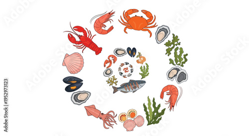 A colorful illustration of various seafood and ocean elements arranged in a circular pattern on a white background