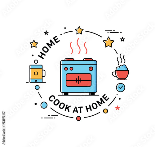 Home kitchen badge circular emblem combining simplified stove silhouette and rising steam lines labeled Cook at Home, conveying comfort and daily nourishment