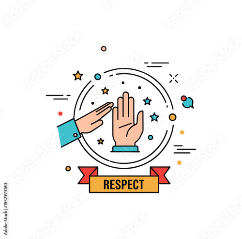 Honor and duty badge stylized saluting hand framed within a circular emblem with subtle stars and ribbon accent labeled Respect, conveying recognition and