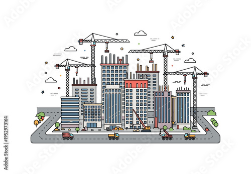 Aerial view of a large urban development project showing multiple cranes towering above partially completed high rise buildings with clearly outlined streets