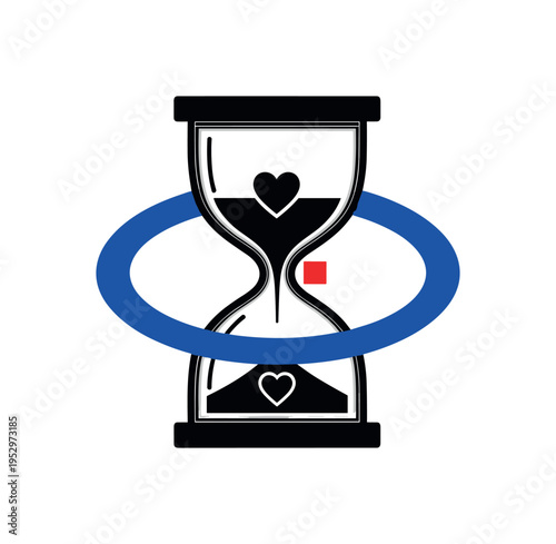 Black and white abstract hourglass with small heart symbol inside instead of sand, bold electric blue ring encircling the hourglass as mindfulness aura, small