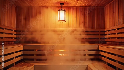 Steam rising inside wooden sauna after water poured on hot stones for wellness and relaxation content