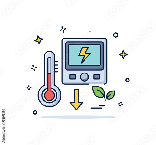Energy saving temperature check built around a thermostat screen paired with a small leaf icon and a downward arrow, conveying sustainability and mindful