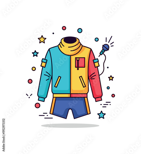 Contemporary fashion shaped by pop art and hip hop culture theme showing a confident outfit silhouette combined with bold color blocks and small microphone