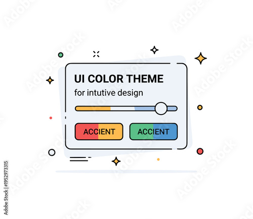 UI color theme configuration scene built around a floating interface card with accent buttons highlighted in contrasting shades, conveying usability,