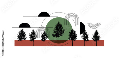 Black and white row of tree saplings arranged rhythmically, bold muted green circular halo centered behind middle sapling, earthy red rectangular block