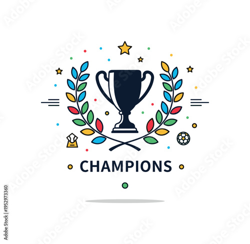 League champions insignia featuring a bold cup silhouette framed by laurel branches and a short text line reading Champions. The composition communicates