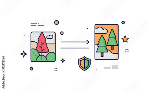 Wildlife corridor concept featuring two forest patches connected by a simple pathway line, conveying movement, protection, and ecological connectivity. A