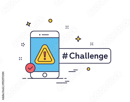 Digital challenge awareness concept depicted with a smartphone screen displaying a caution symbol next to a trending hashtag, expressing thoughtful