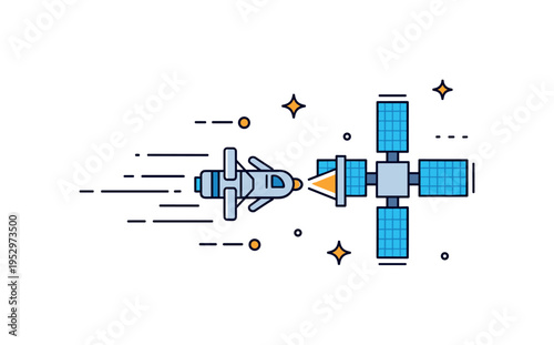 Docking maneuver in orbit illustrated by a small spacecraft approaching a station with subtle motion lines and a guidance light, expressing