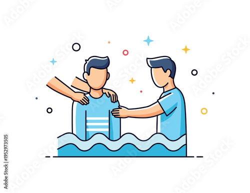 River baptism spiritual ceremony concept featuring a simplified figure standing in gentle water waves while another figure places hands supportively on their