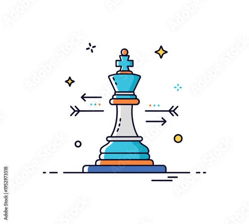 Strategic domination chess king piece placed prominently on a simplified board with subtle arrow accents, conveying calculated moves and intellectual conquest.