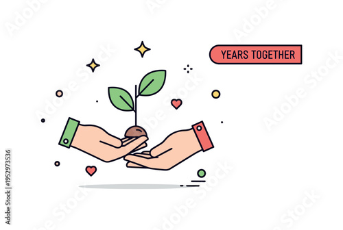 Growing together milestone small plant sprouting between two gently touching hands with a subtle Years Together label, expressing nurturing love and steady