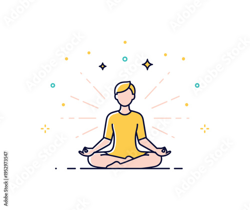 Spiritual awakening serene figure seated in meditation with a soft glowing aura expanding outward and tiny star accents above, expressing inner transformation