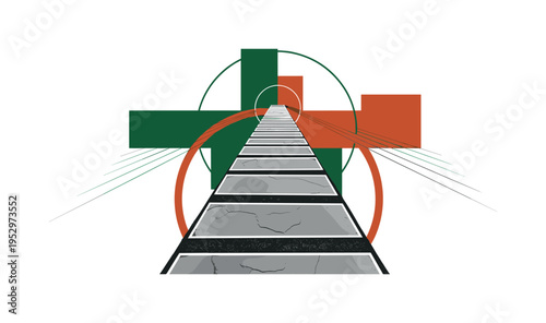 Black and white realistic garden path made of stone slabs leading into the distance as the central object, visible texture and perspective, cut-out effect with