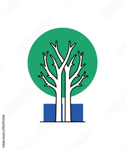 Black and white pair of trees growing side by side with branches slightly intertwining, oversized emerald green circular halo behind representing shared