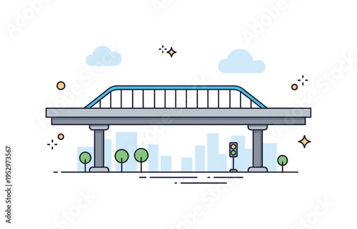 Elevated pedestrian skybridge spanning above a simple city street representing safe passage and modern infrastructure. Soft cloud shapes and minimal decorative