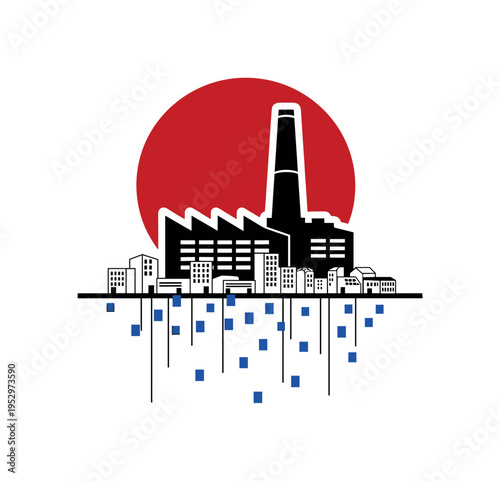 Black and white single large factory dominating a small cityscape, oversized deep red circle behind symbolizing monopoly power, tiny cobalt blue rectangular