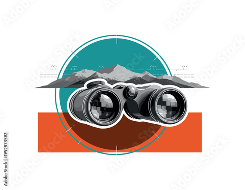 Monochrome vintage binoculars focused toward distant mountain ridges above the timberline, cut-out layered collage style with white outline, bold teal circular
