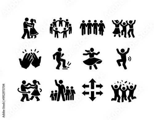 Folk Dances. Solid icon set of Folk Dances: traditional dance couple, circle dance, line dance, group folk dance, clapping hands dance, foot stomping dance,