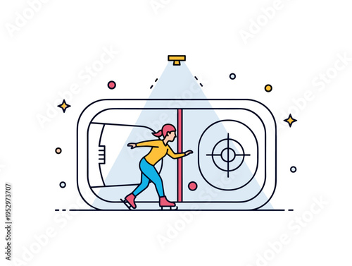 Ice rink practice session illustrated with a skater performing a controlled glide inside a minimal rink outline with soft spotlight detail, symbolizing