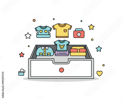 Children clothing drawer organization centered on small folded garments arranged by size with playful star accents, conveying care, family routine, and gentle