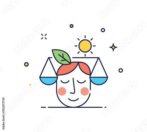 Self care achievement badge featuring a relaxed face icon with a small leaf and sun above, expressing balance, rest and healthy daily habits. The clean rounded