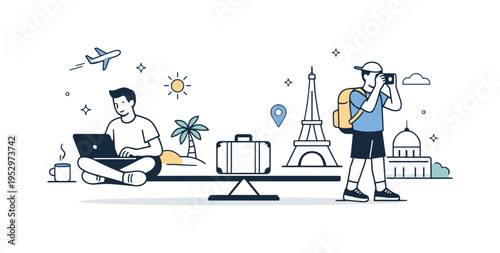 Remote work visa city balance. Worker switching between laptop and city exploration, small skyline or landmark elements nearby. Scene communicates work-life