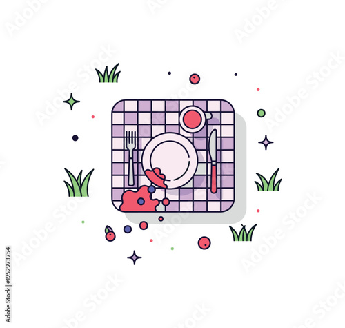Picnic cloth stain outdoor themed scene with grassy accents around a checked tablecloth marked by berry juice spill, capturing relaxed summer meals and