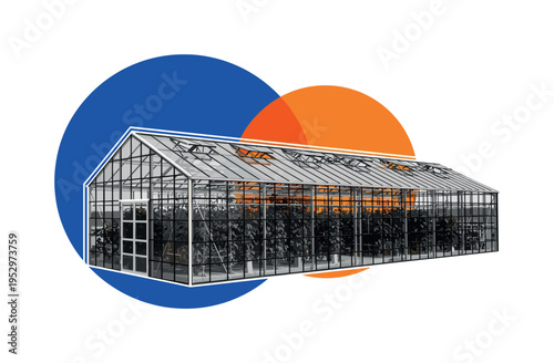 Black and white modern greenhouse structure with visible metal framework and rows of vegetables inside, oversized cobalt blue circle behind the greenhouse like