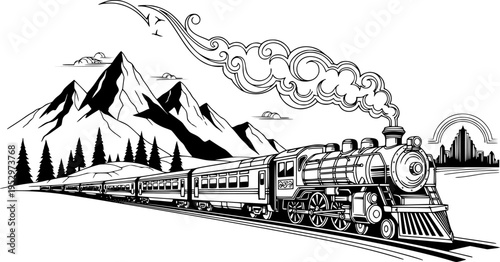 Neo-Deco Luxury Train Travel Vector Illustration, Black and White High-End Tourism
