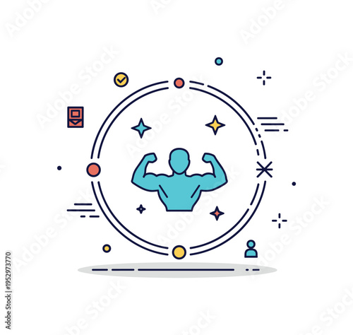 Peak performance badge circular emblem featuring a central strong silhouette with small star accents around, symbolizing achievement, confidence and physical