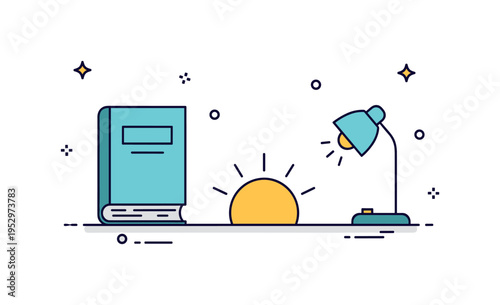 Bedside book simple morning routine icon featuring a neatly placed book beside a minimal sun rising symbol and a small bedside lamp turned off. The composition