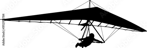 Black silhouette of a person hang gliding against a isolated on white background
