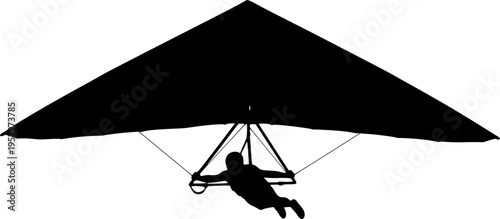 Black silhouette of a person hang gliding against a isolated on white background
