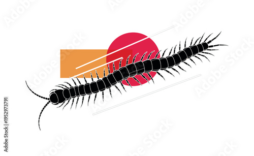 Black and white centipede crawling diagonally across composition, oversized crimson circle intersecting the upper segment area, muted orange